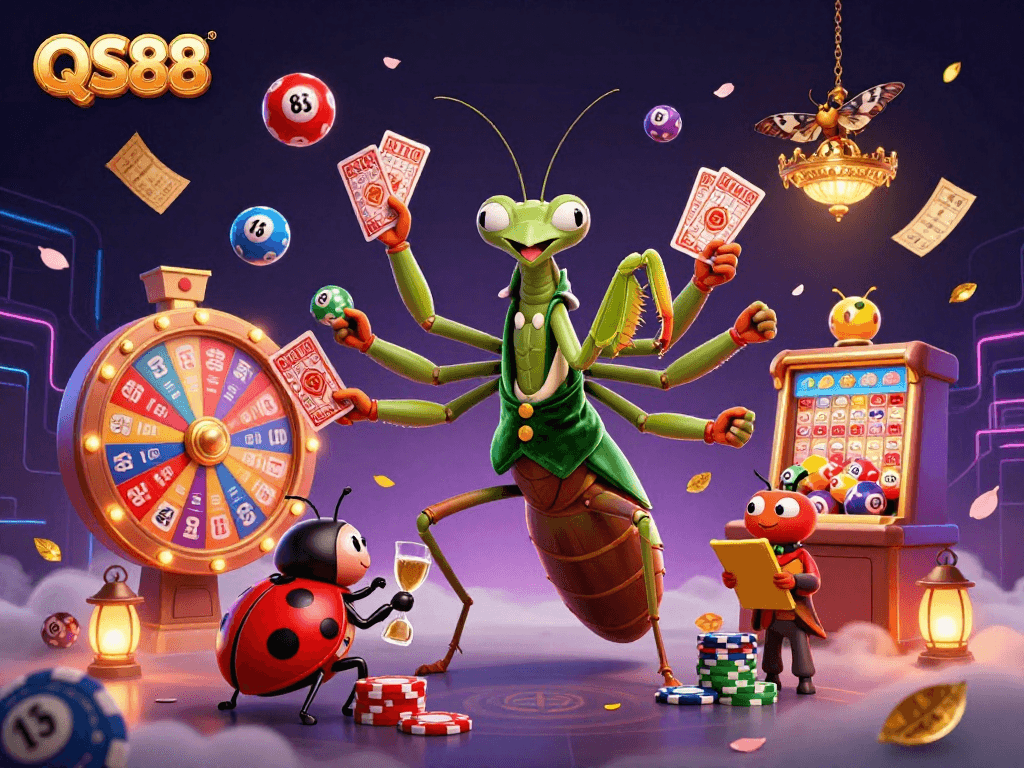 Experience excitement at QS88 Casino with vibrant lottery elements and animated characters.