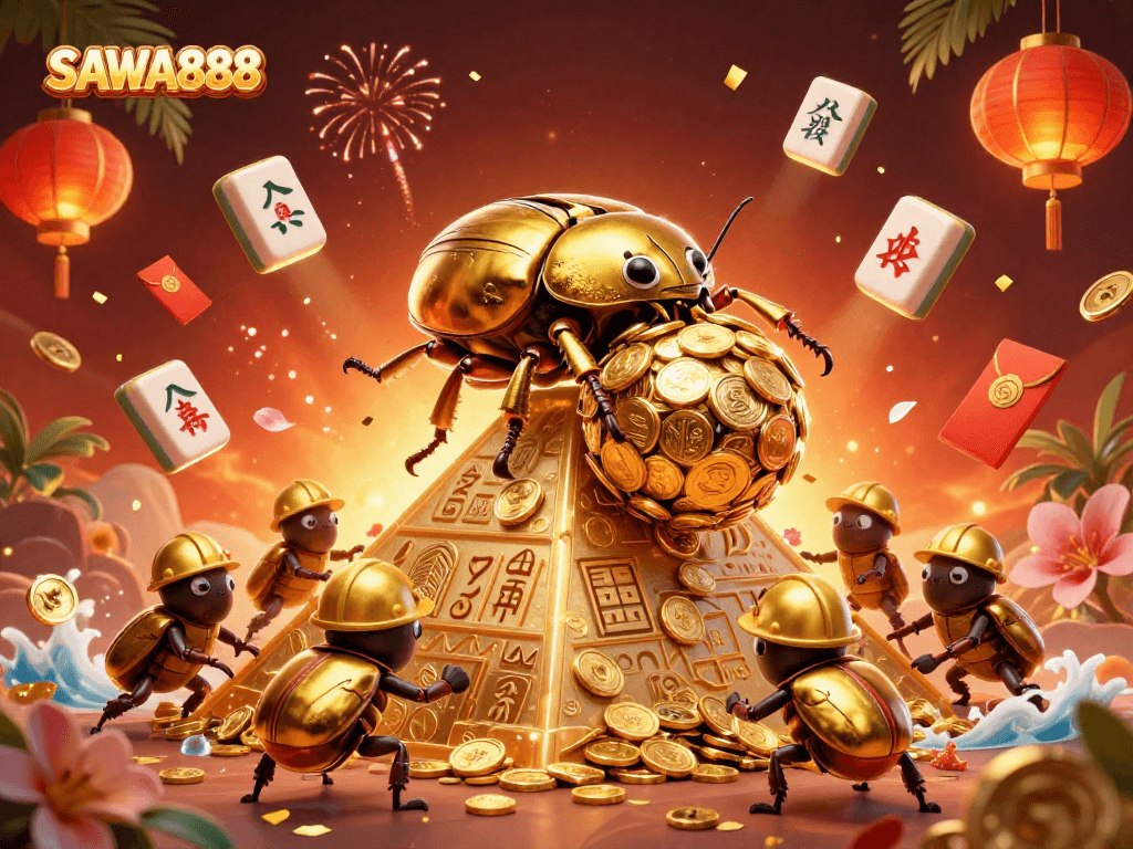 Experience vibrant gameplay at SAWA888 with golden beetles and casino symbols in this detailed illustration.