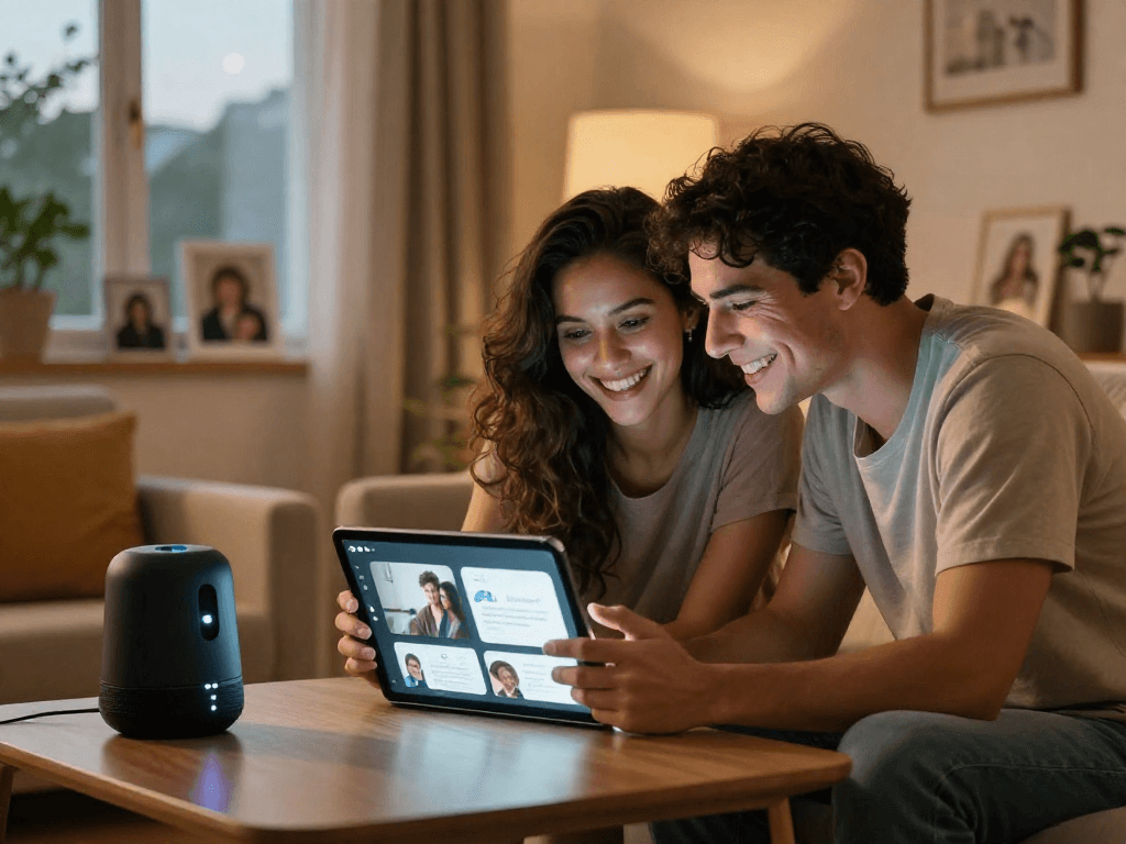 Couple exploring sex AI tools on tablet in cozy living room, showcasing intimate digital engagement.