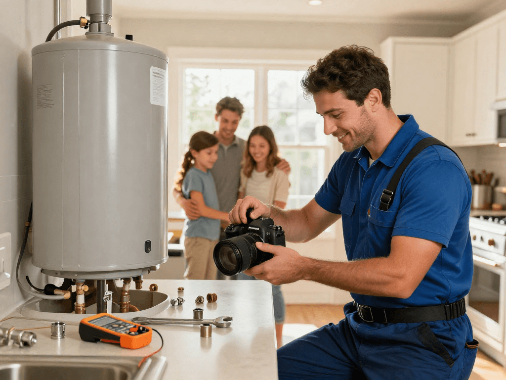 Direct water heater repair Fort Worth service technician inspecting home water heater.