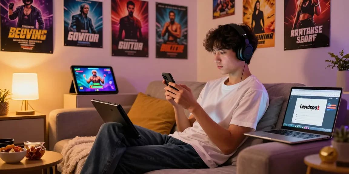Immersed player enjoying a mobile porn game on a cozy couch