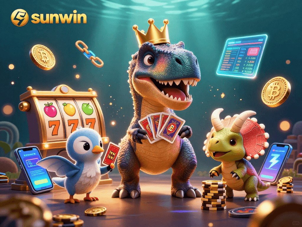 Experience thrilling sunwin casino action with T-Rex shuffling cards and vibrant slot symbols