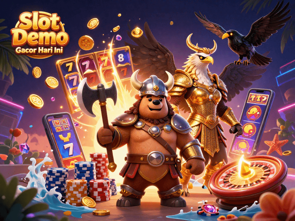 Engaging Viking-themed Slot Demo Gacor Hari Ini artwork featuring characters and dynamic casino elements.