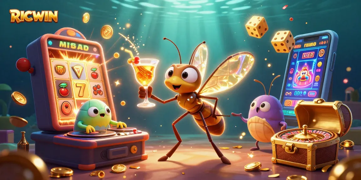 Experience the thrill of RICWIN with a lively casino scene featuring unique characters and casino elements.