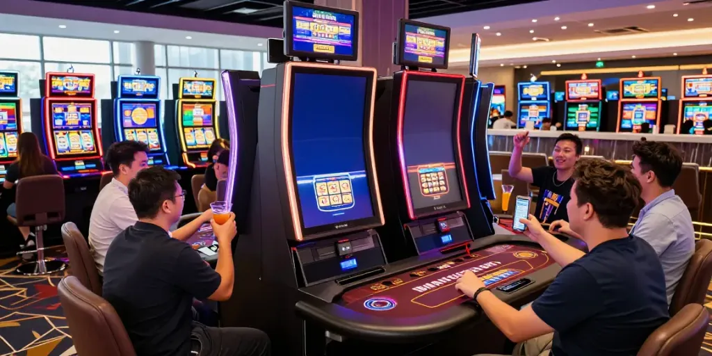 Exciting moment at a credit card casino with players celebrating wins while using their credit cards.