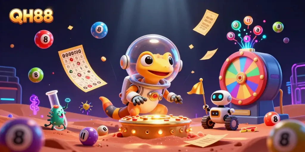 Engage with QH88's vibrant casino world featuring a Martian gecko and alien fun.