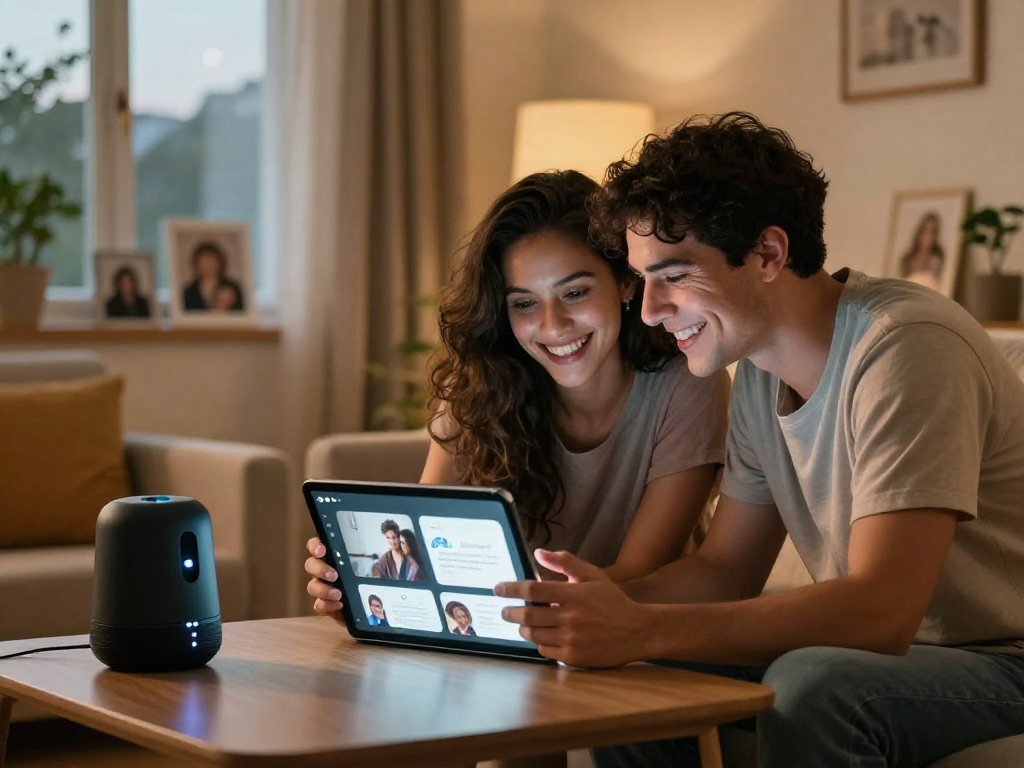 Couple exploring sex AI tools on tablet in cozy living room, showcasing intimate digital engagement.