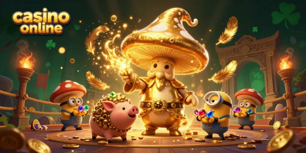 Engaging casino online scene featuring a magical mushroom wizard and his treasure-seeking companions.