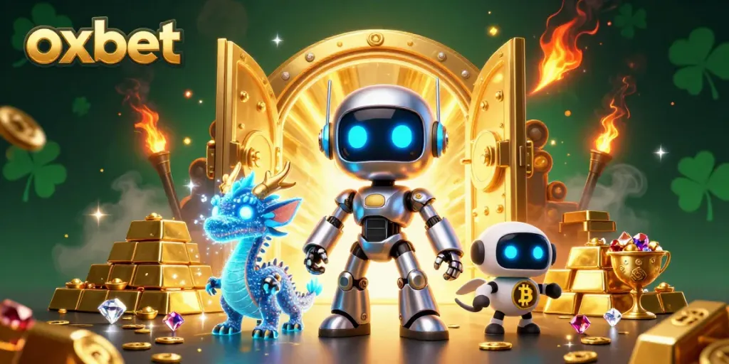 Bet on oxbet while enjoying a vibrant casino scene with a robot mascot and gold treasures.