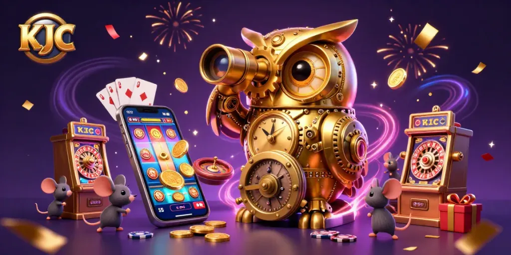 KJC illuminates a bustling casino scene with vibrant slot games and joyful patrons amid a rich backdrop.