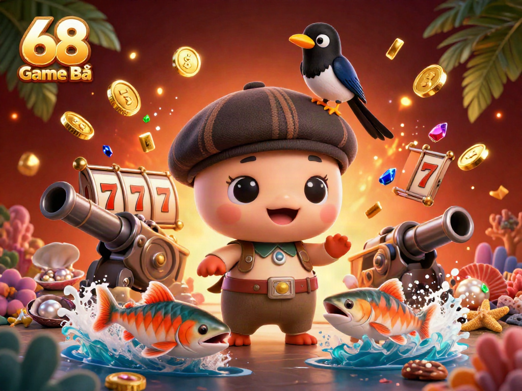 Engage with 68 Game Bài as cute characters and vibrant casino elements come to life in a dazzling illustration.