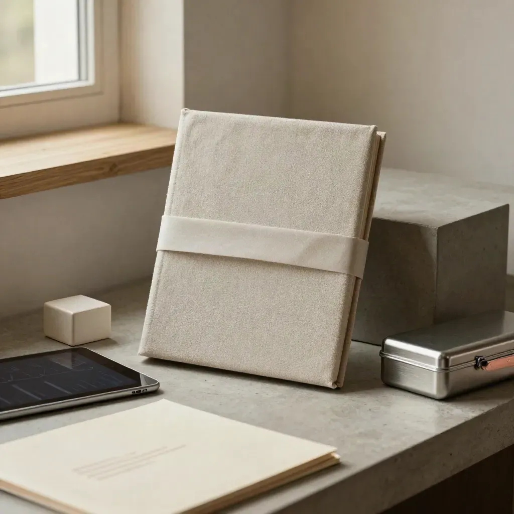 Banded folder, tablet and metal case in a modern studio nook with soft light and haze