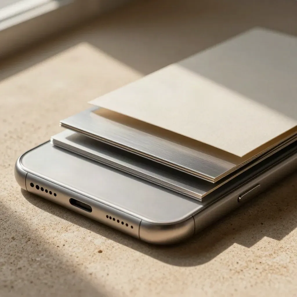 Brushed silver ad setup panels, budget chips and face-down phone shell lit from upper left.