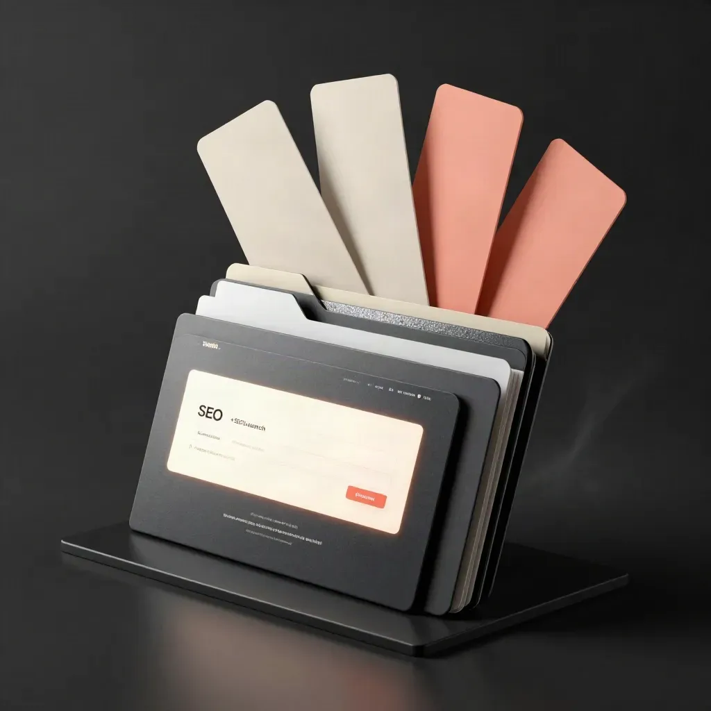 Website launch deal bundle with mockup block, SEO folders and glowing module on dark studio surface.