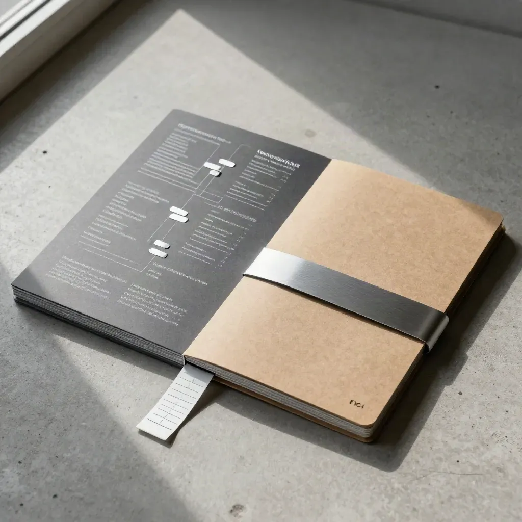 Overhead SEO audit cards, silver tabs and a sealed audit sleeve on concrete.