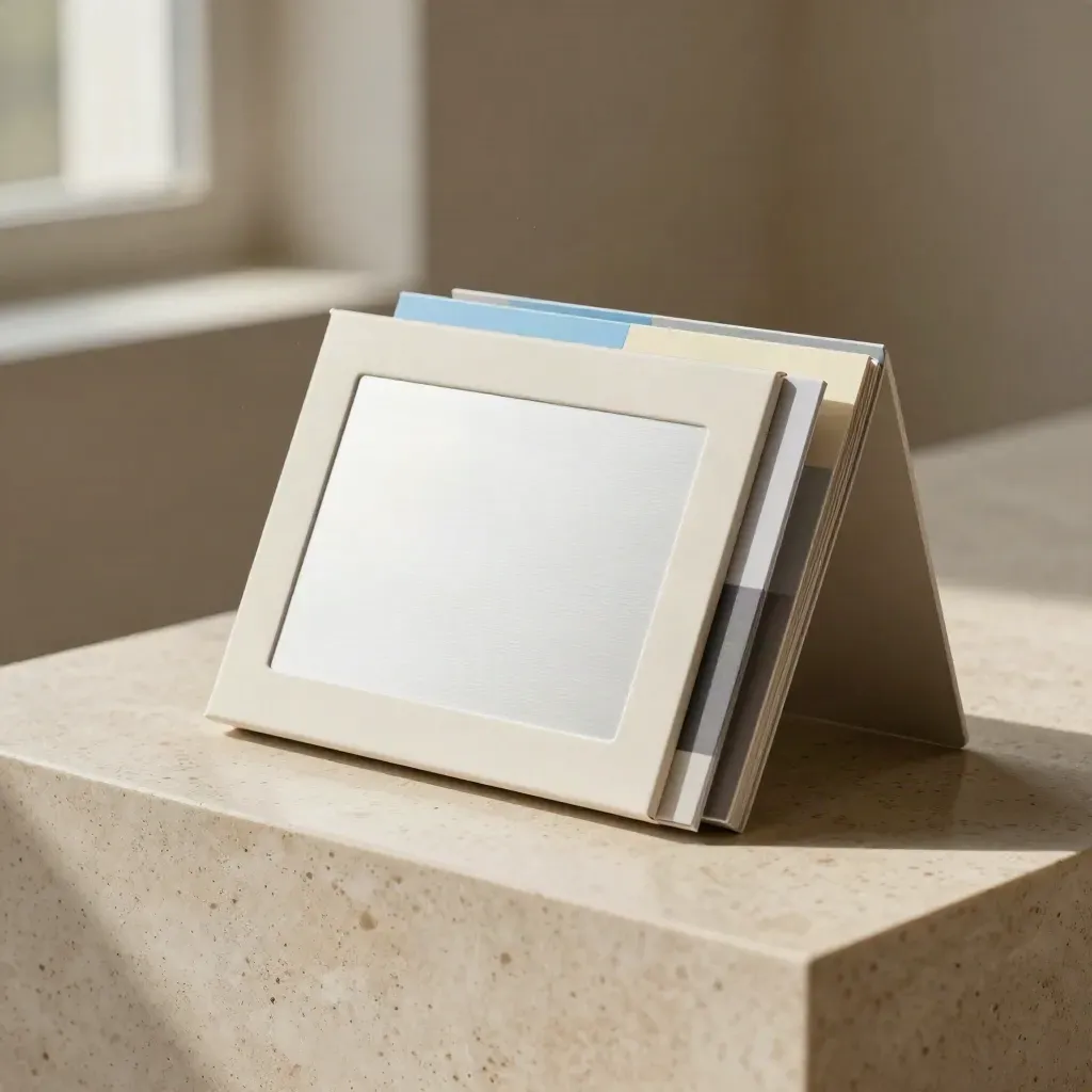 Startup brand pack box with colour chips and style-guide boards on travertine, lit dramatically.