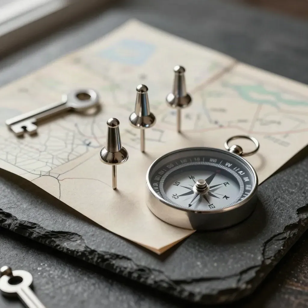 Macro of SEO kit pins, folded territory cards and compass disc on stone