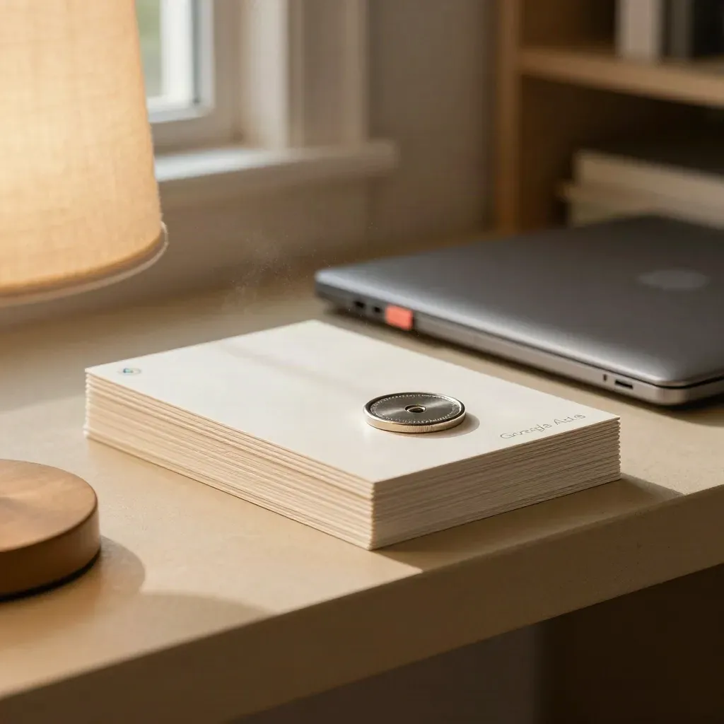 Brushed metal token, update cards and closed laptop shell beside a lamp in a studio corner.