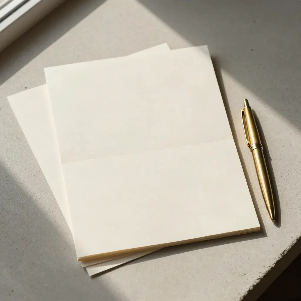 Overhead flatlay of blank copy sheets, brass pen, and folded proof card on concrete.