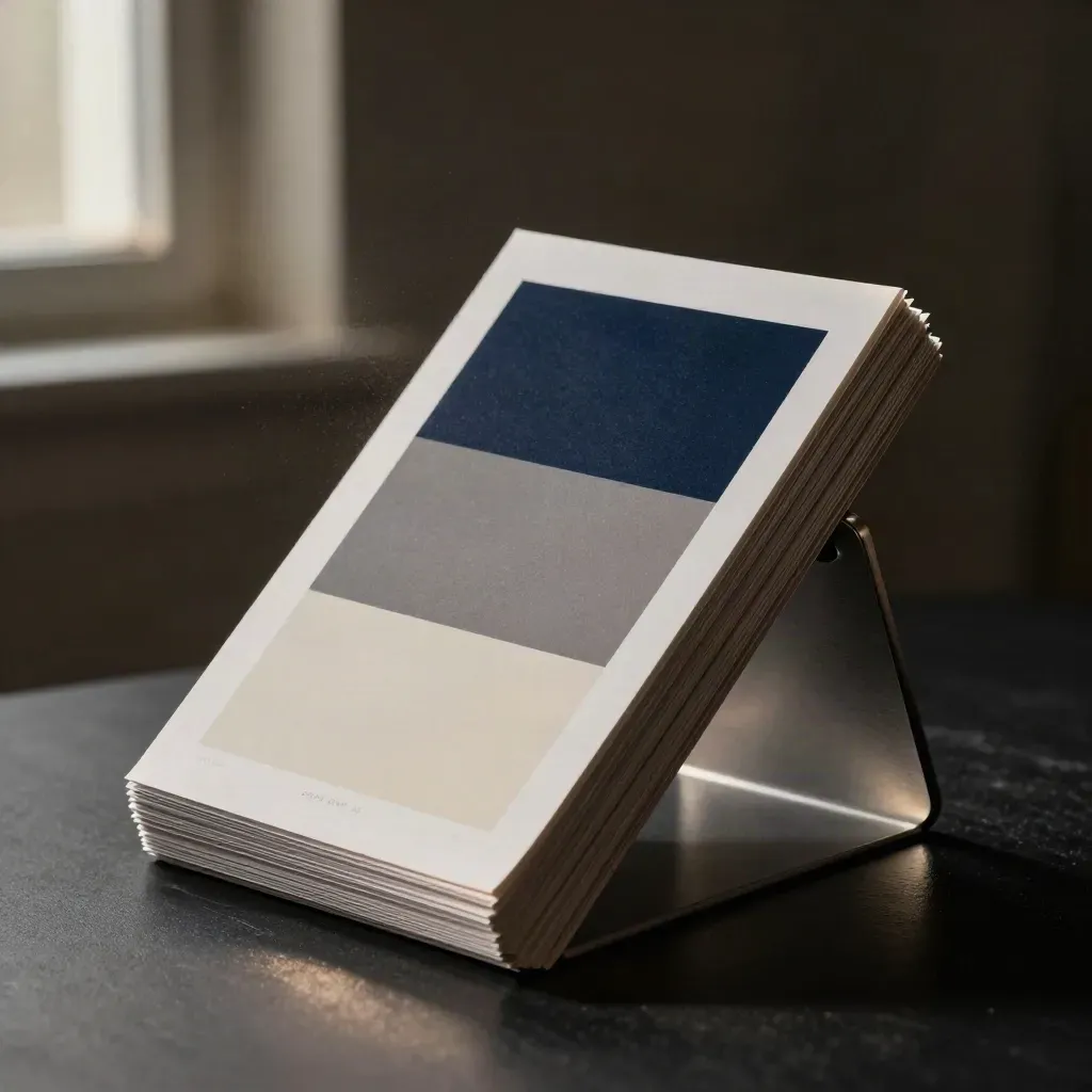 Dramatic stack of creative ad cards on a small light table in a dark studio.