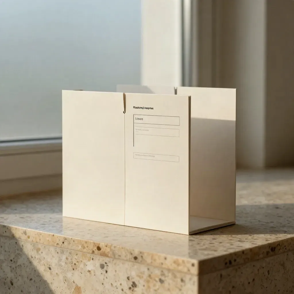 Hero shot of landing page mockup panels with tabs and form module on a travertine plinth.