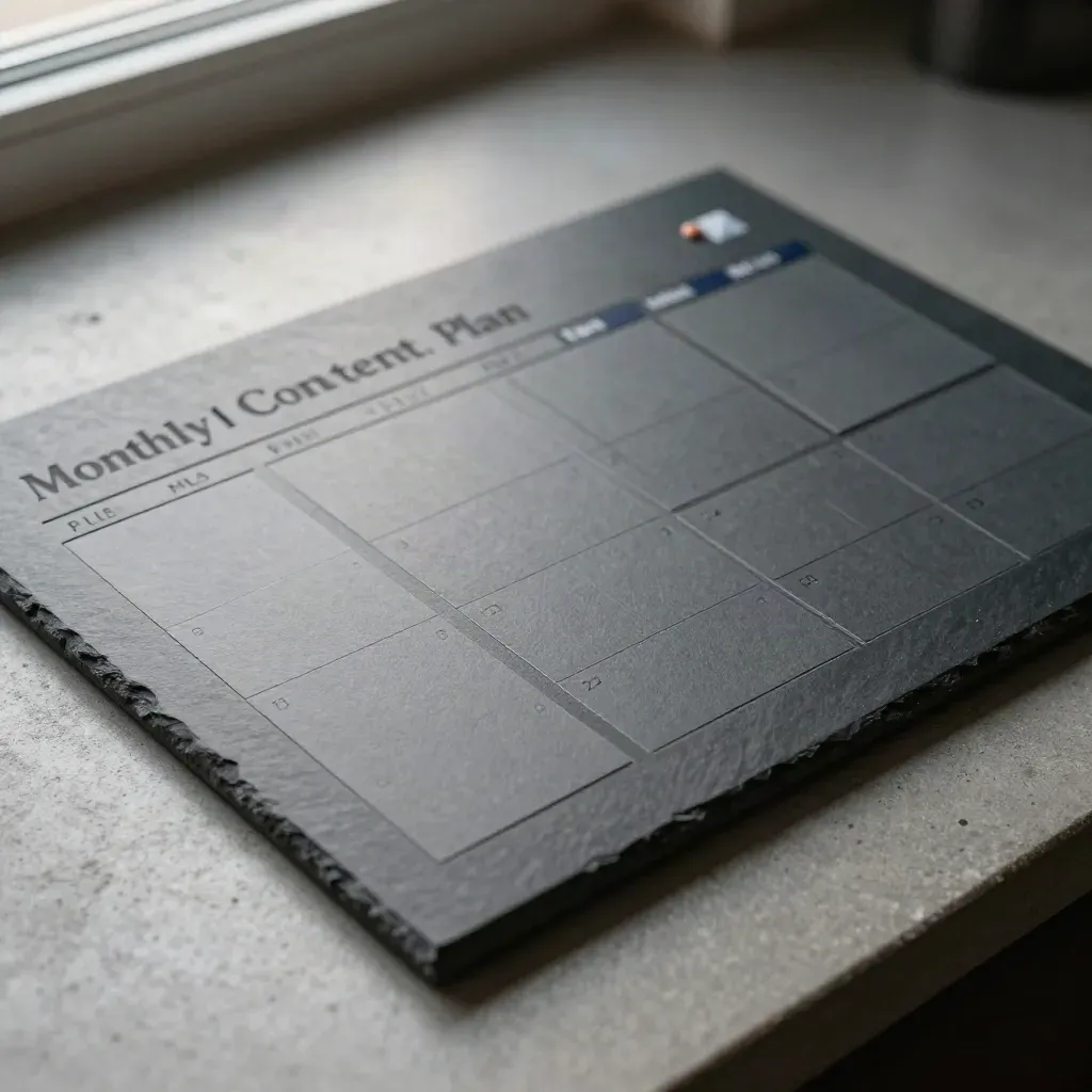 Textured monthly content plan board with four blank cards and navy markers on slate