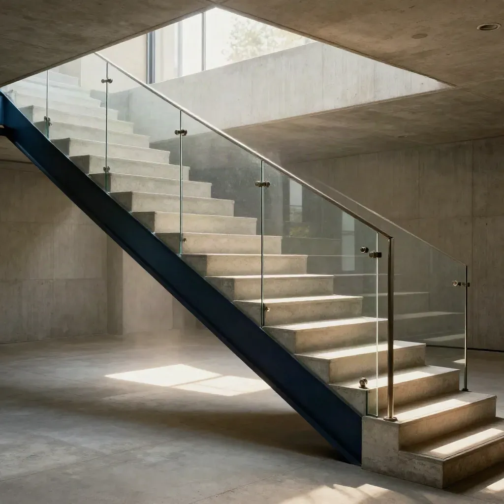 Sunlit concrete stairwell with glass balustrade, strong shadow line, calm copy space.