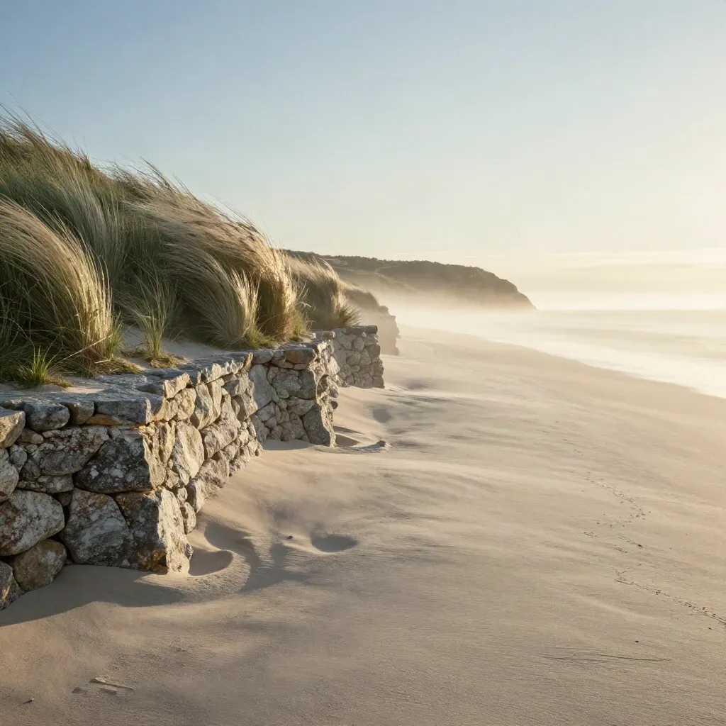 Sunlit coastal cliff path with pale grasses, stone ledge and sea mist in a calm wide landscape.