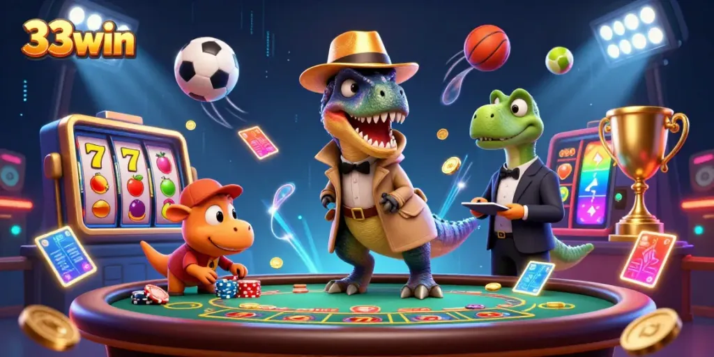 Experience thrilling gameplay at 33win, featuring a velociraptor card counter in action at a blackjack table.