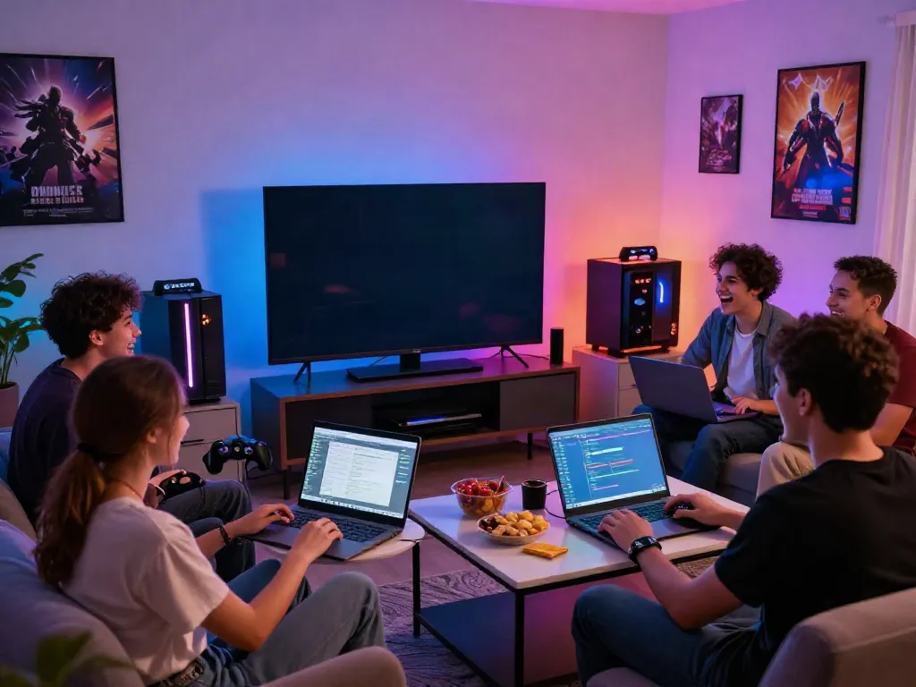 Group enjoying competitive gaming at http://11bet-app.net/ with vibrant lighting and snacks