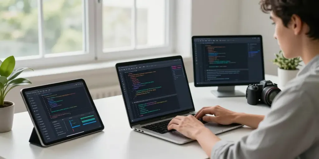Web developer coding on a laptop surrounded by tools for instant indexing in a modern workspace.