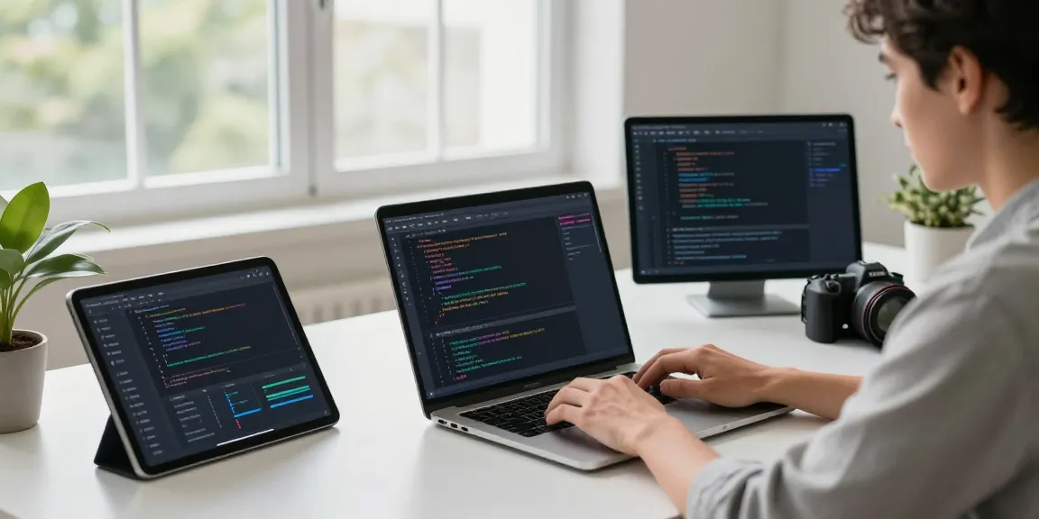 Web developer coding on a laptop surrounded by tools for instant indexing in a modern workspace.
