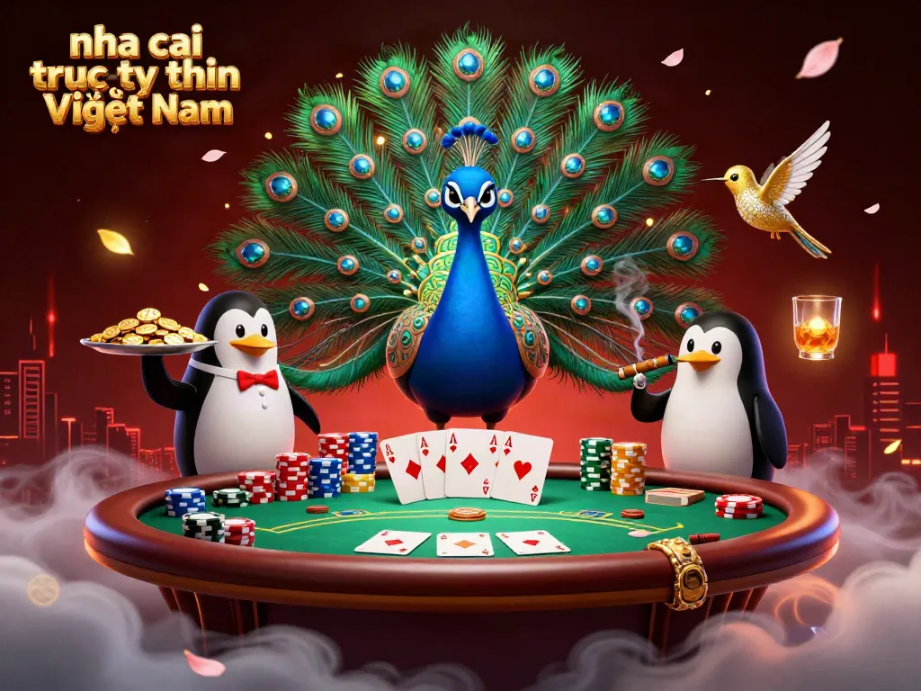 Experience the thrill of nha cai truc tuyen uy tin Việt Nam with a lively casino atmosphere featuring a peacock and colorful chips.