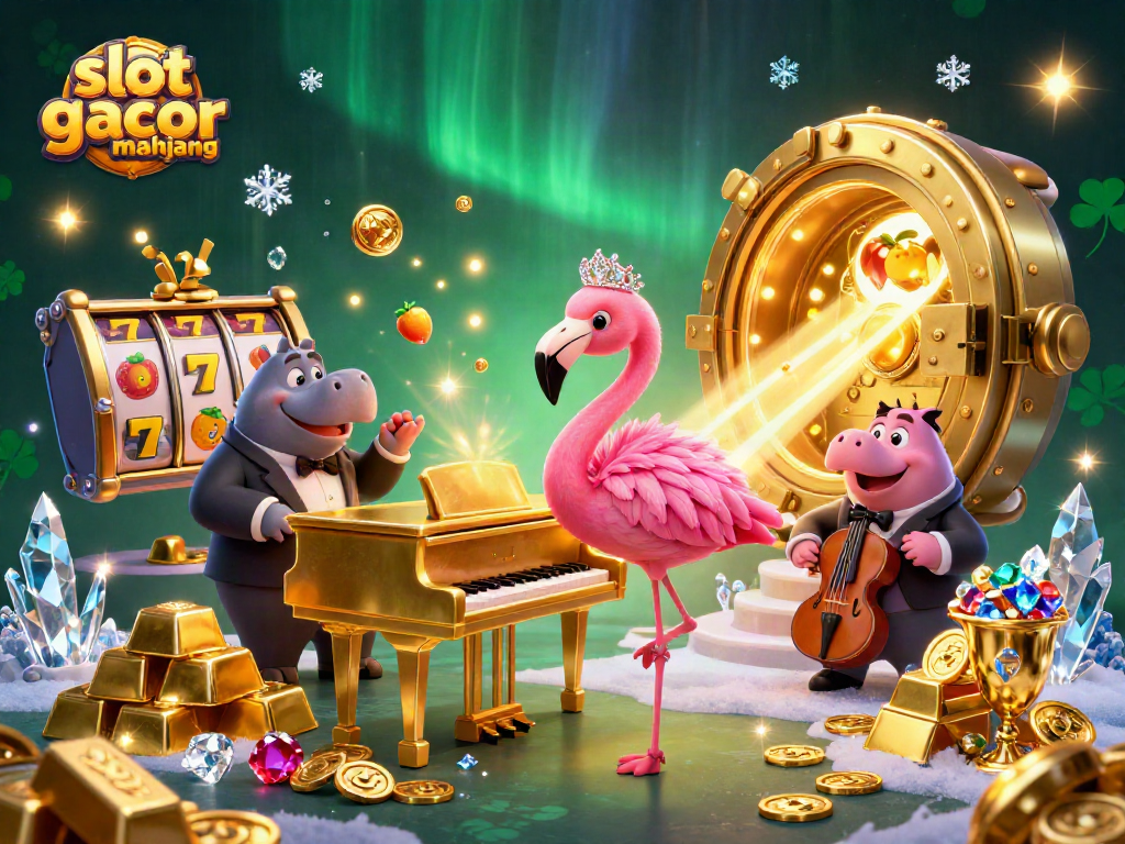 Play slot gacor mahjong with vibrant 3D casino characters amidst treasure and excitement.