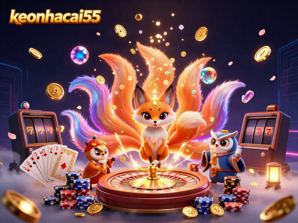 Engage with keonhacai55 through this vibrant 3D illustration of a nine-tailed fox and wise owl amidst cascading casino elements.