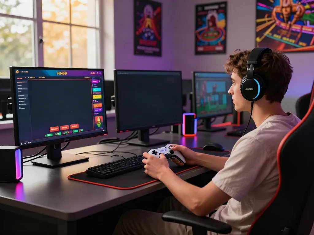Engaged user playing on SIN88 gaming platform with vibrant screens and modern setup.