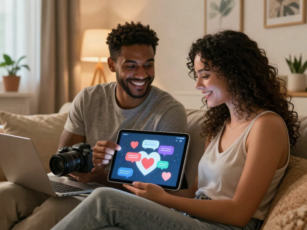 Diverse couple exploring sex ai tools on tablet in cozy living room.